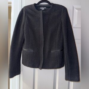 Vince black woven wool blend blazer with leather trim pockets
Size 8